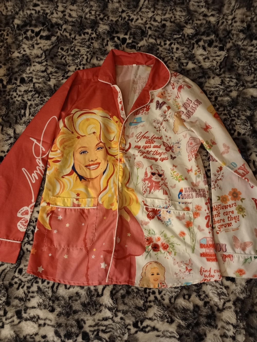 Graphic Dolly Print Button-Up Pajama Long Sleeve Shirt- Women's